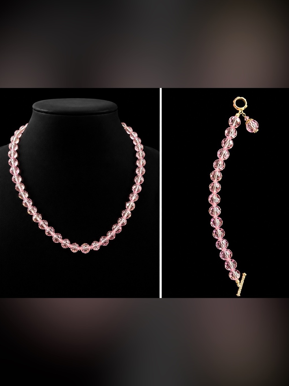 Vintage Pink Faceted Crystal Bead Necklace & Bracelet Set, NWOT